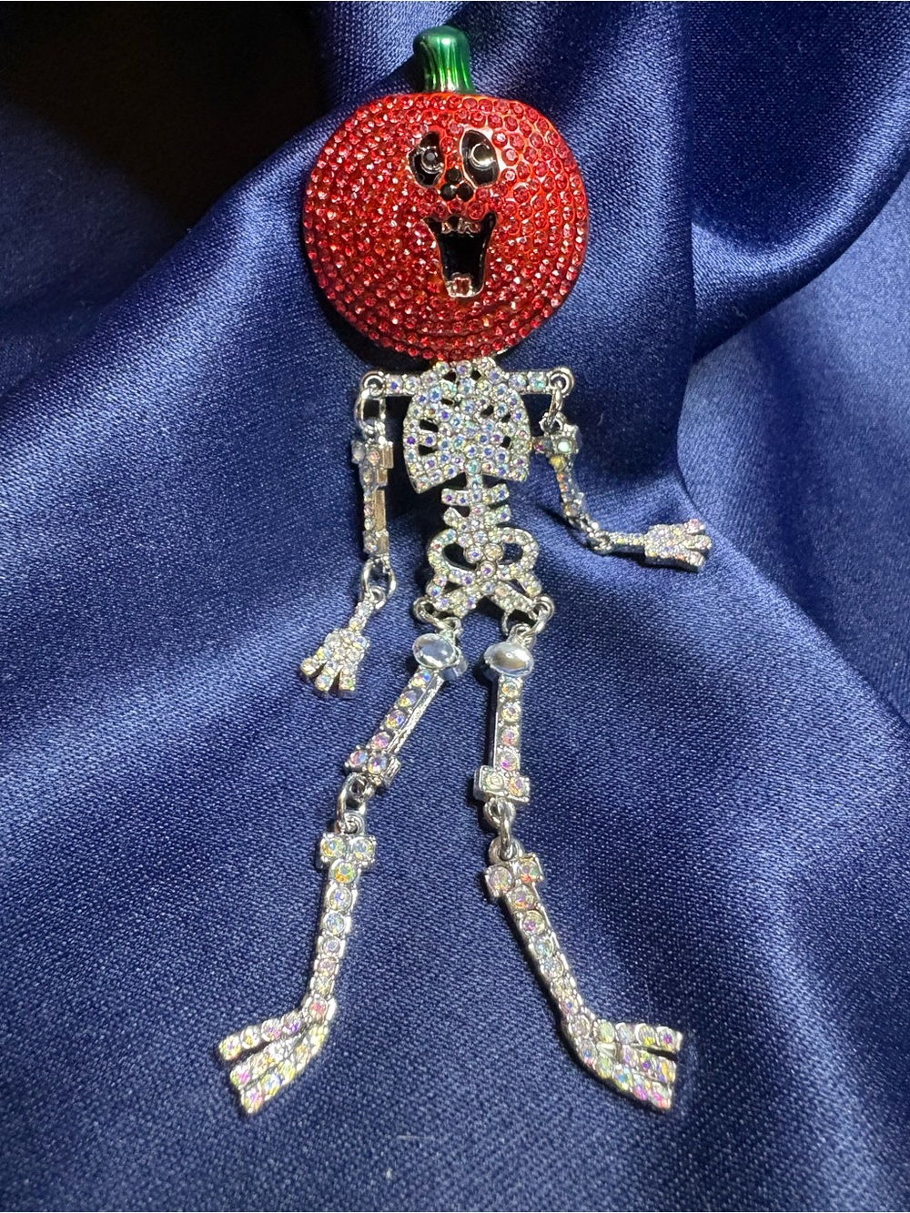 Crystal Pumpkin Skeleton Brooch - Red & Silver Rhinestone Pin